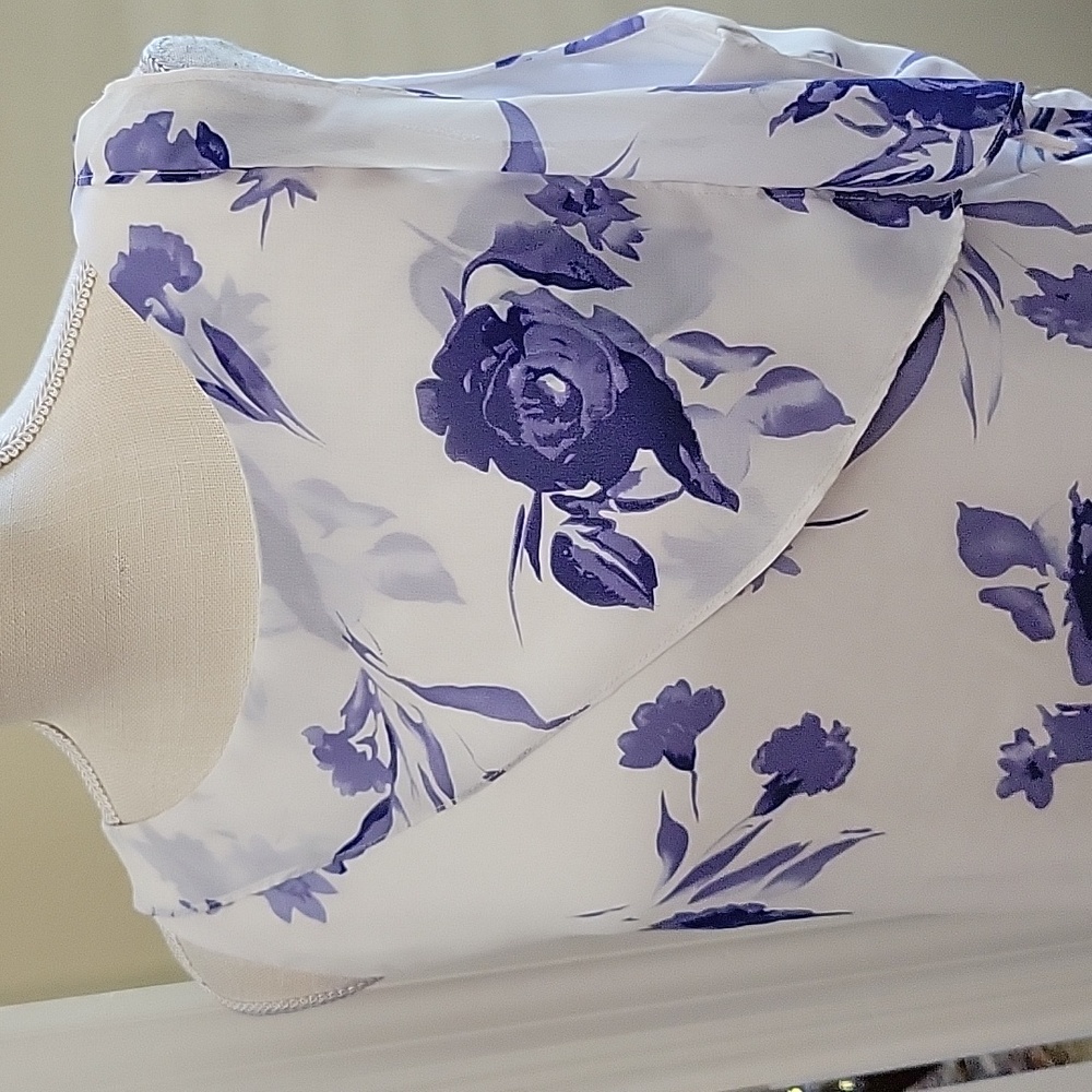 Mary McFadden blue white floral sleeveless layered dress Fully lined Sz XL …EUC - Picture 2 of 10